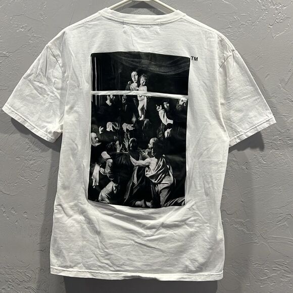 🔥 OFF-WHITE Caravaggio Painting Madonna Square Graphic Tee Men Sz Lg - PERFECT - Picture 2 of 7